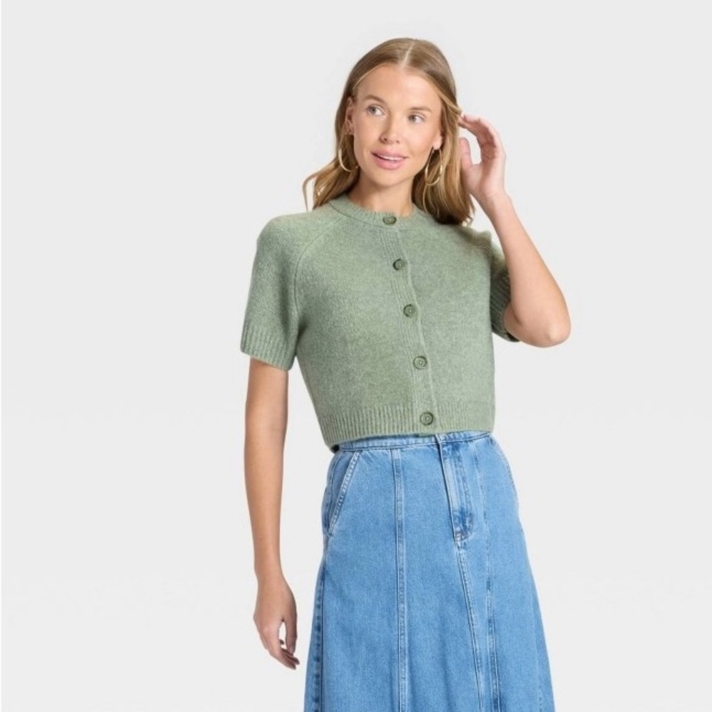 A New Day Sage Green Short Sleeve Cardigan - Picture 3 of 3